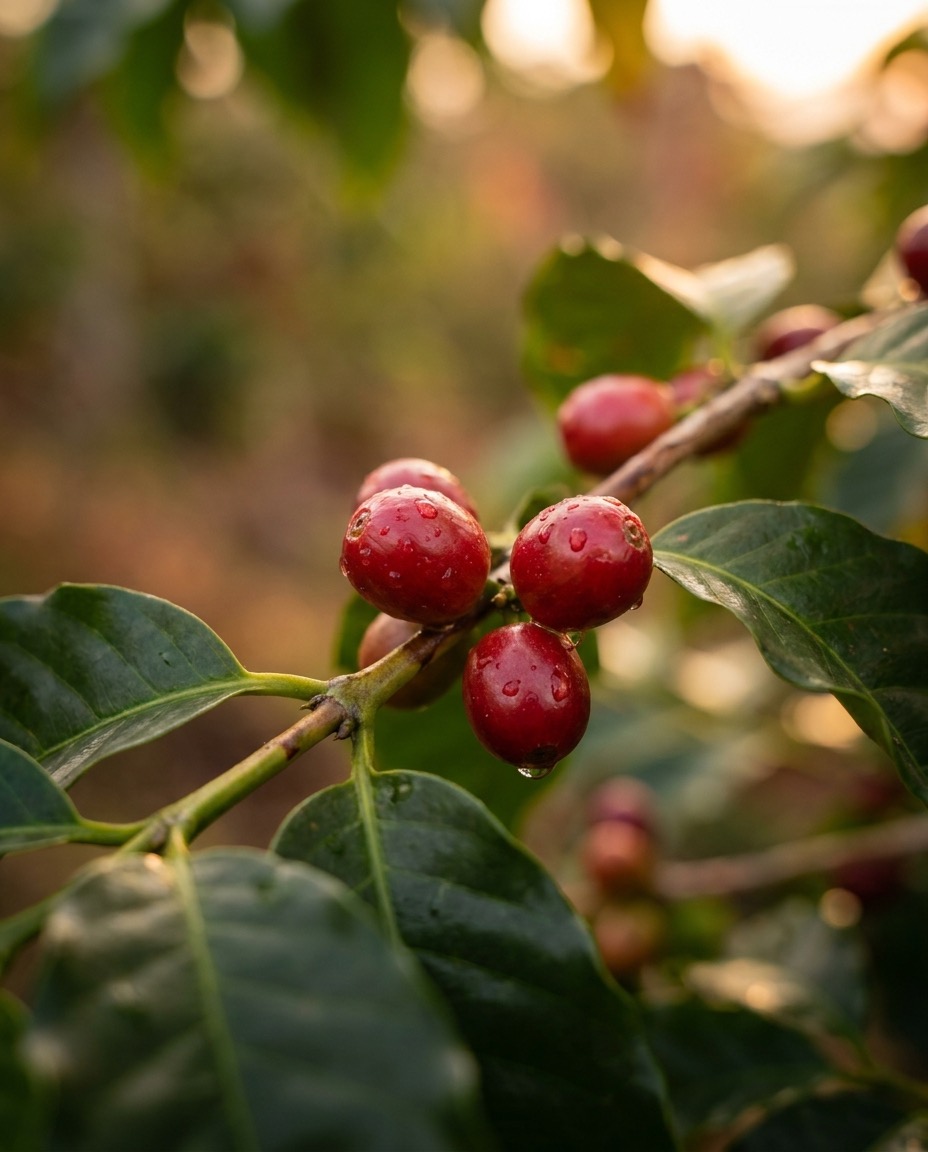 Ripe red coffee cherries on the branch
