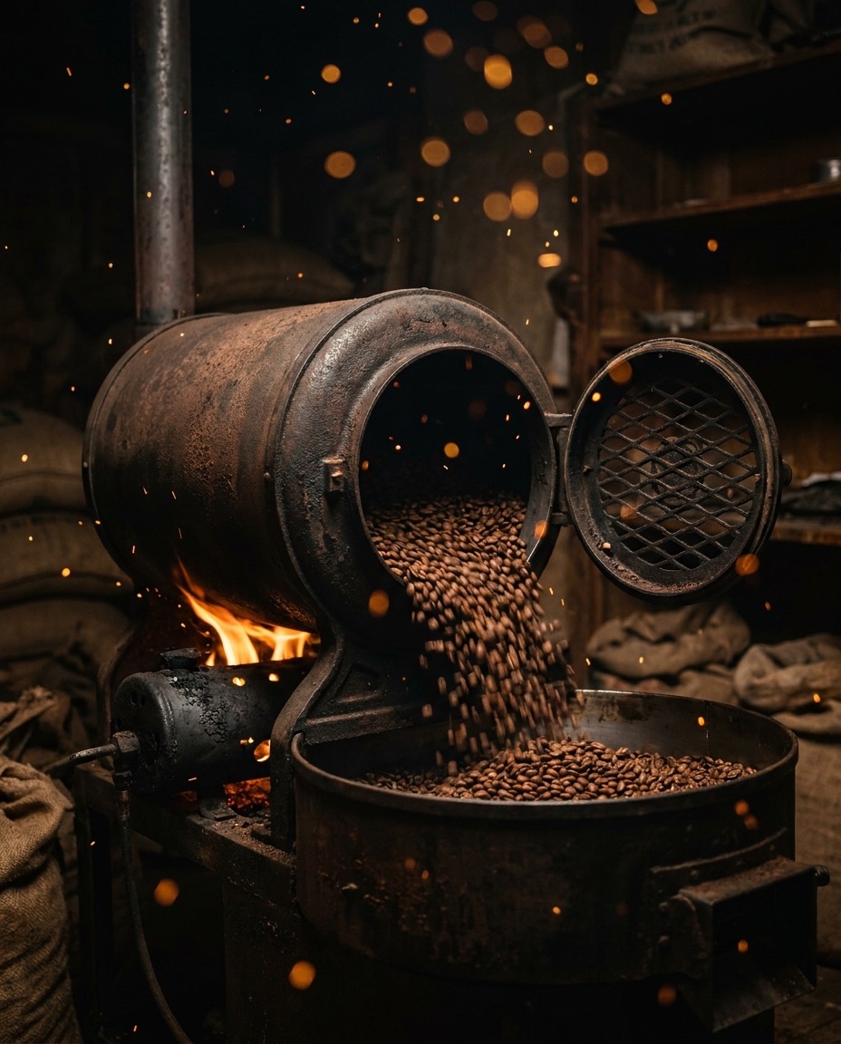 Coffee beans tumbling from a glowing roasting drum