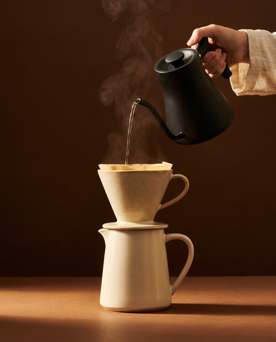 Pour-over coffee being brewed, steam rising in warm light