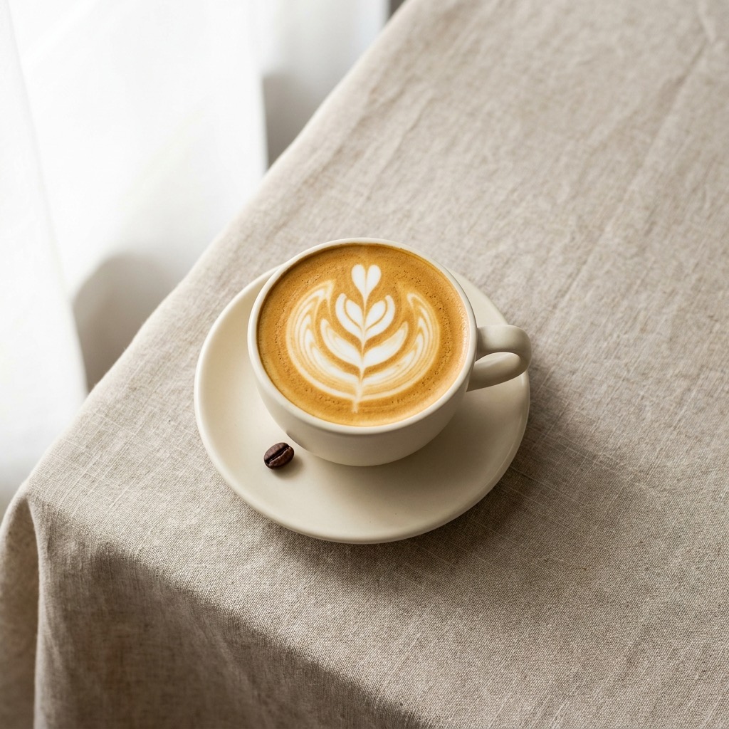 Flat white with rosetta latte art, seen from above