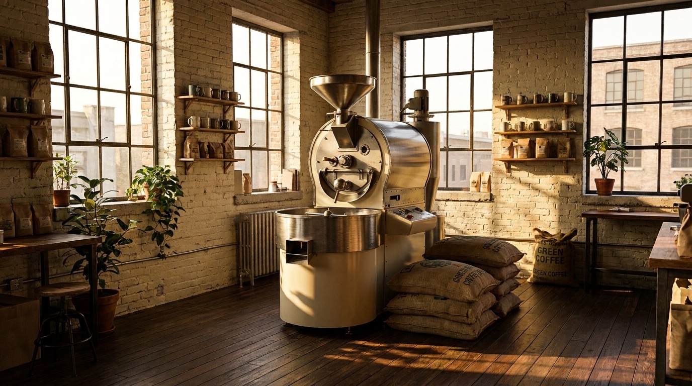 Warm sunlit roastery interior with a vintage drum roaster